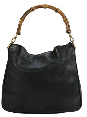 Gucci Black Leather Shoulder Bag with Bamboo Handle